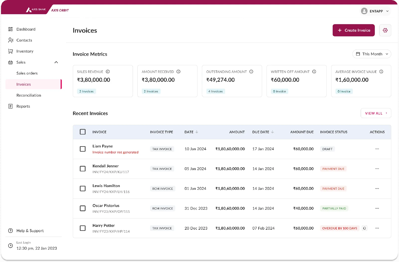 Axis Orbit invoice dashboard and key invoice metrics