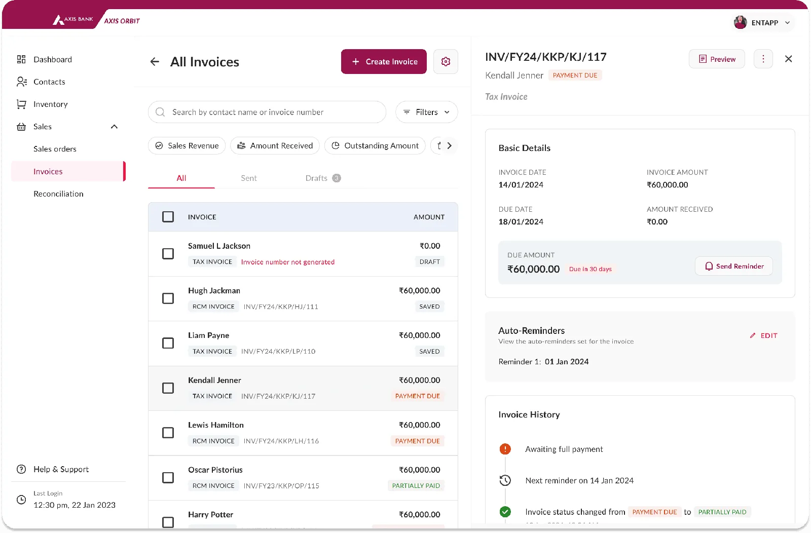 Axis Orbit split-view invoice details beside the invoice list