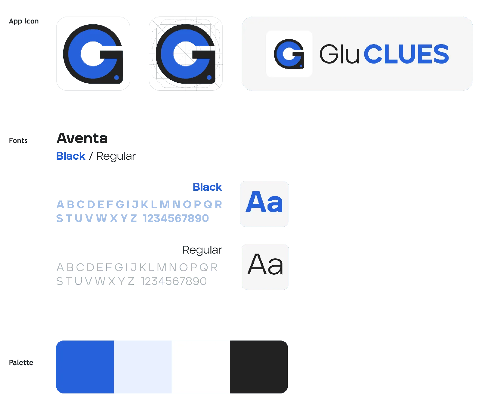 GluCLUES branding, blue palette, logo, and typography