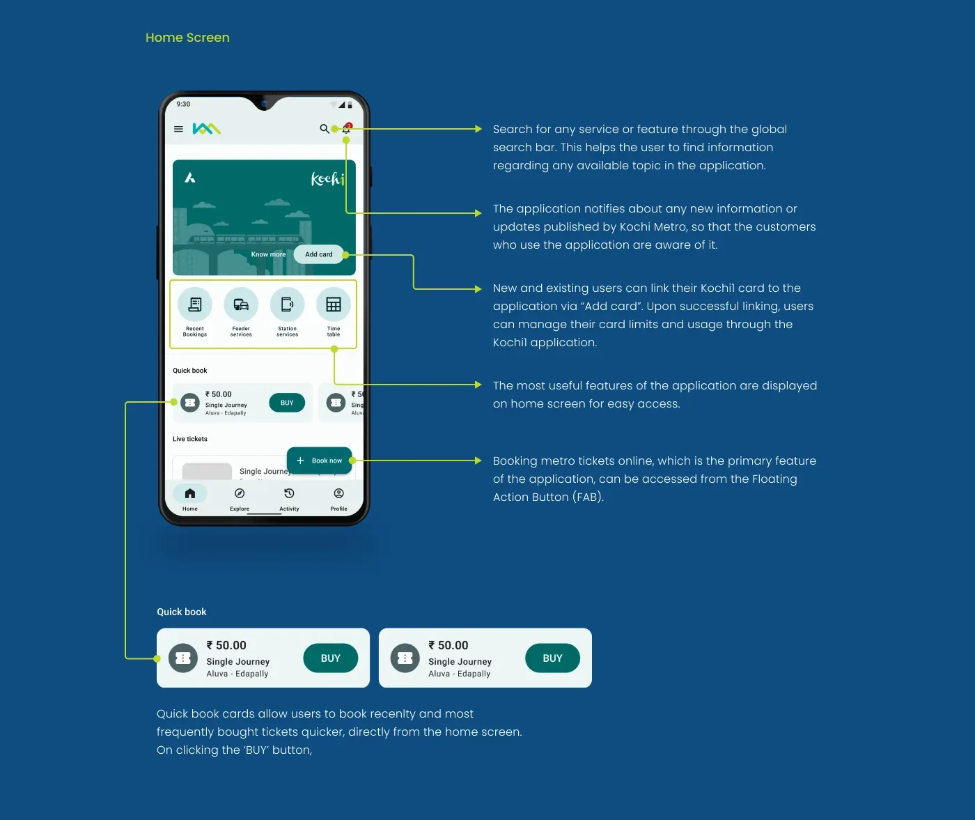 Kochi 1 home screen and primary navigation