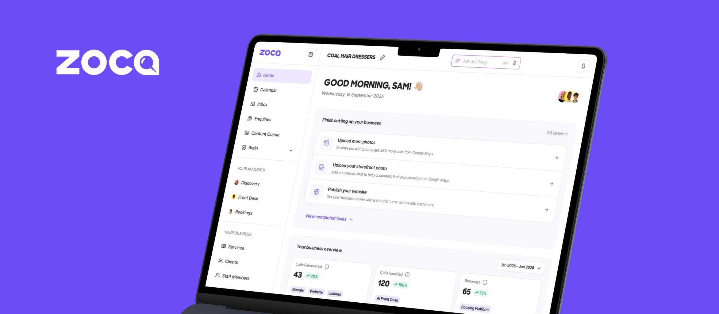 Zoca dashboard in a MacBook Pro mockup on a purple background with the white Zoca logo